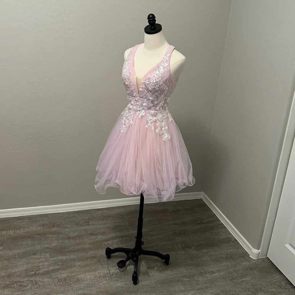🔴CLEARANCE NEW JOVANI SZ 12 LIGHT PINK BEAD SHIMMER TULLE FIT FLARE FORMAL DRESS